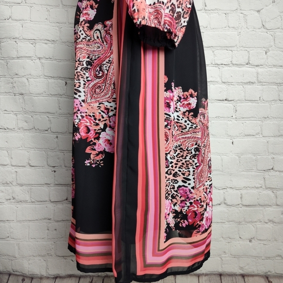 Bisou Bisou Michele Bohbot Dress 8  Pink Coral Black Flower Sheer  3/4 Sleeves - Picture 7 of 11